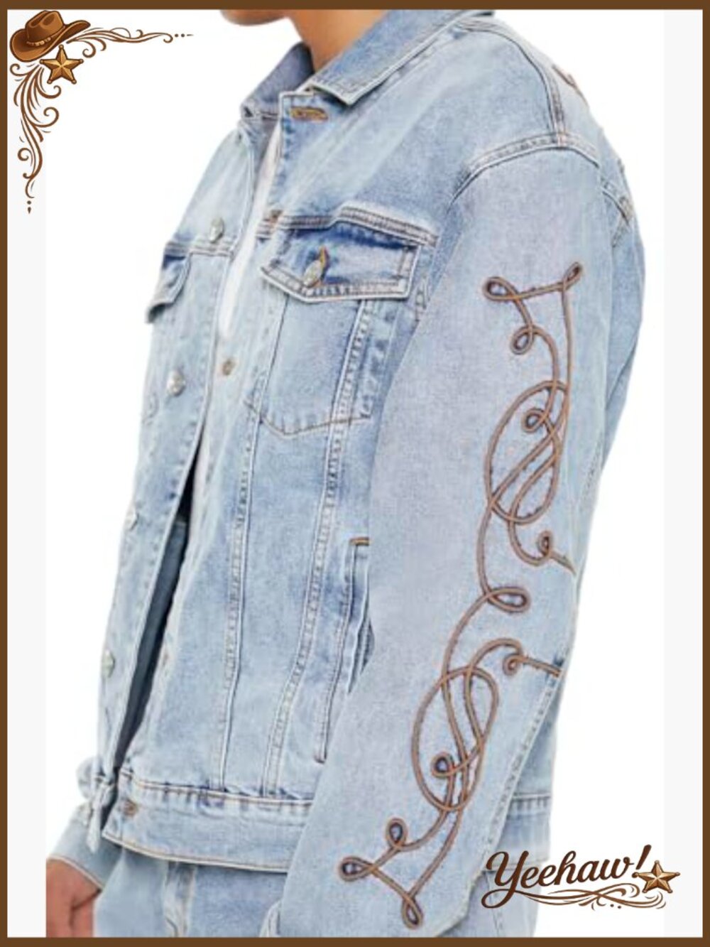 Men's Embroidered Denim Trucker Jacket - Lightweight Stretch - Picture 3 of 6